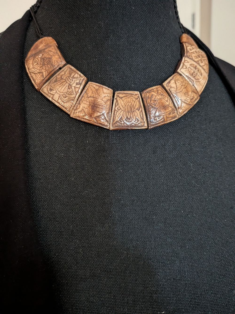 Vintage Hand Carved Yak Bone Tribal Brown Statement Collar Necklace